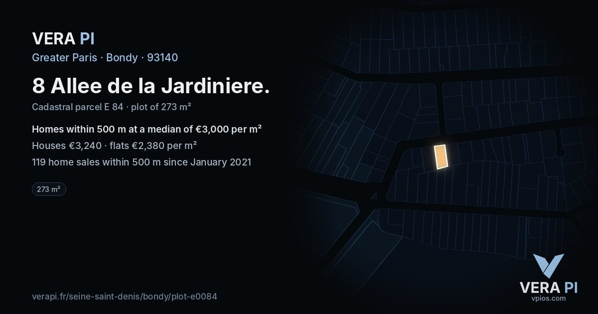 8 Allee de la Jardiniere, Bondy at night – the plot lit, the parcels around coloured by the prices near them