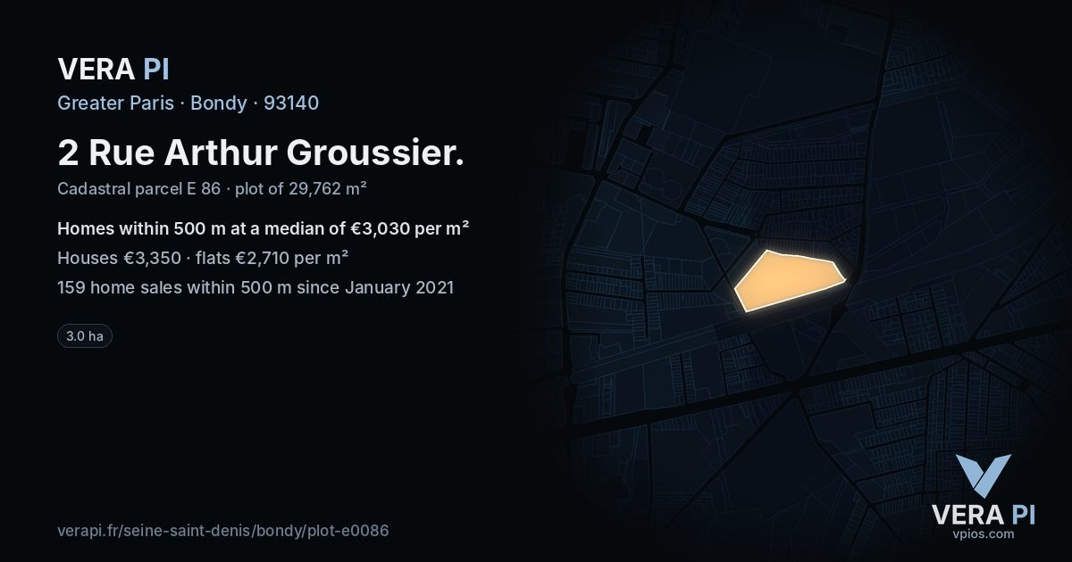 2 Rue Arthur Groussier, Bondy at night – the plot lit, the parcels around coloured by the prices near them