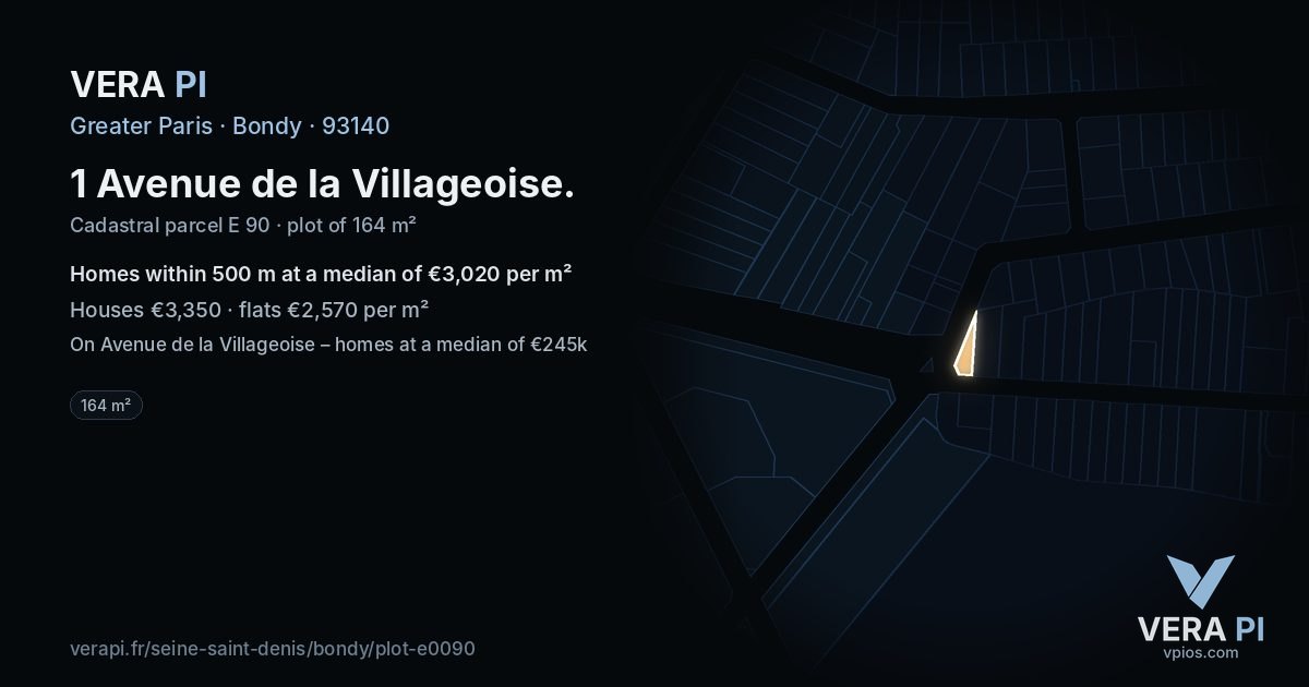 1 Avenue de la Villageoise, Bondy at night – the plot lit, the parcels around coloured by the prices near them