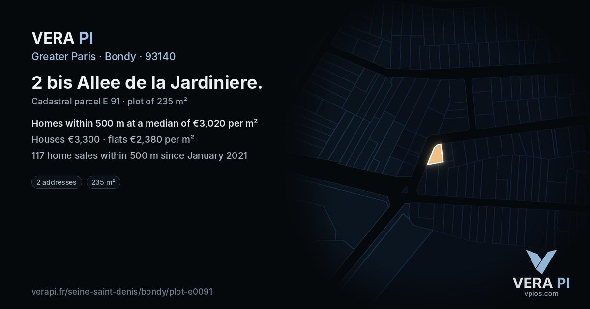 2 bis Allee de la Jardiniere, Bondy at night – the plot lit, the parcels around coloured by the prices near them