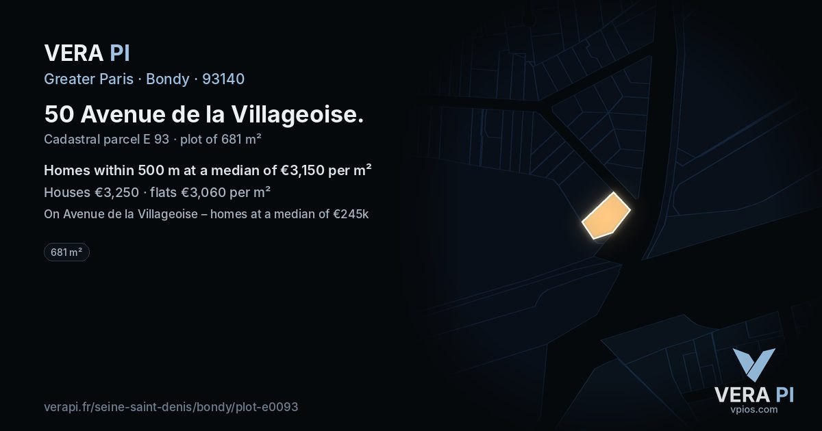 50 Avenue de la Villageoise, Bondy at night – the plot lit, the parcels around coloured by the prices near them