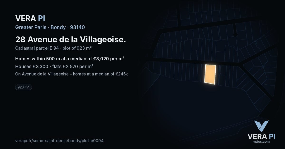 28 Avenue de la Villageoise, Bondy at night – the plot lit, the parcels around coloured by the prices near them