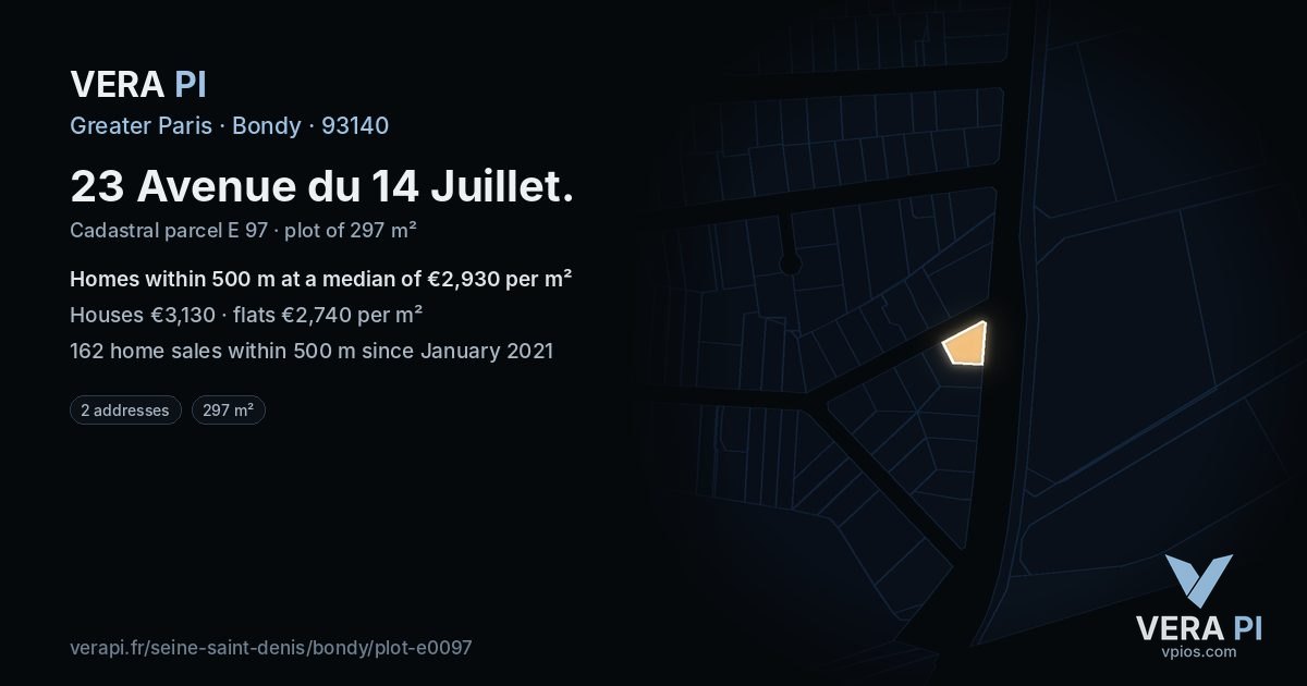 23 Avenue du 14 Juillet, Bondy at night – the plot lit, the parcels around coloured by the prices near them