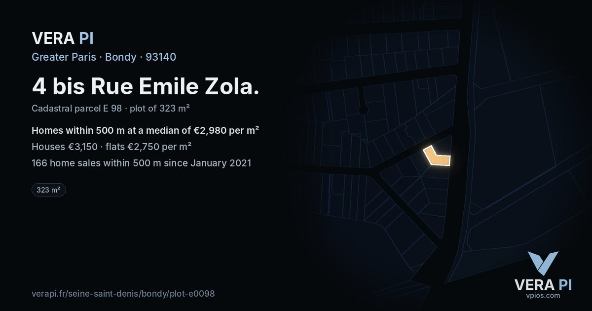 4 bis Rue Emile Zola, Bondy at night – the plot lit, the parcels around coloured by the prices near them