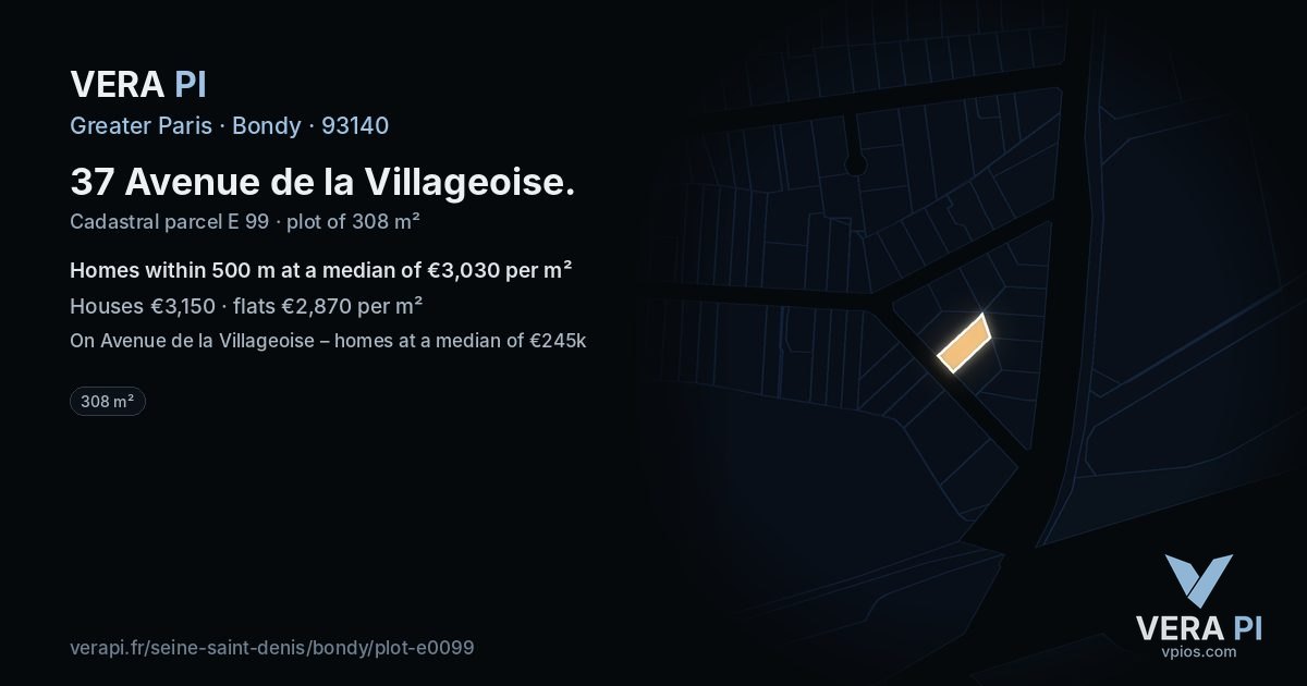 37 Avenue de la Villageoise, Bondy at night – the plot lit, the parcels around coloured by the prices near them