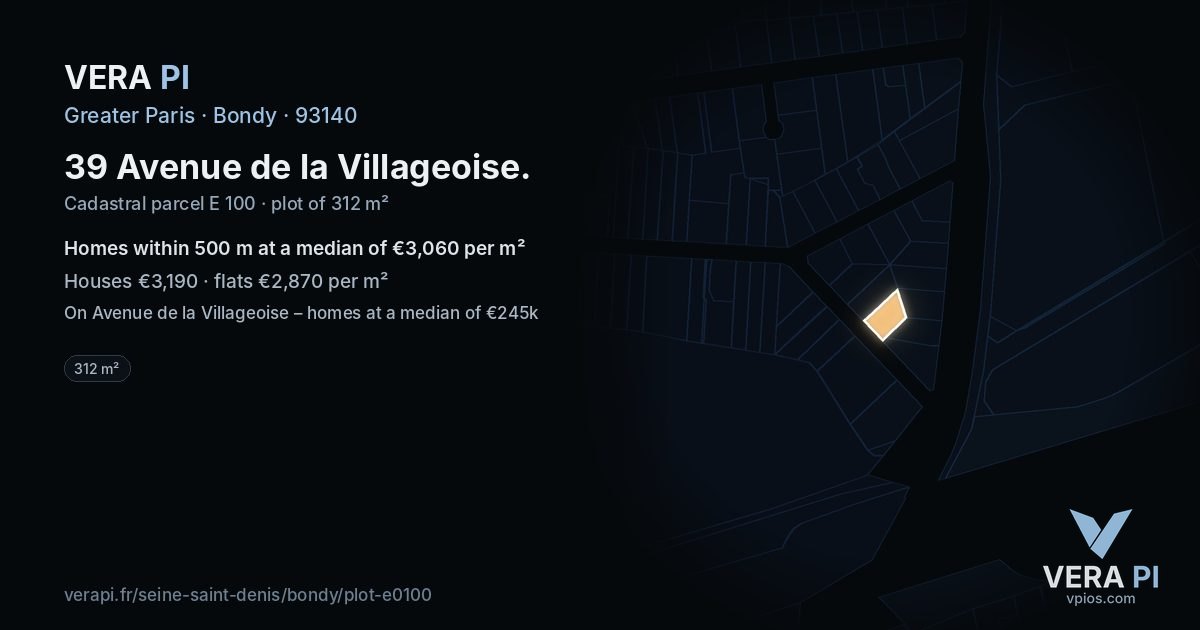 39 Avenue de la Villageoise, Bondy at night – the plot lit, the parcels around coloured by the prices near them