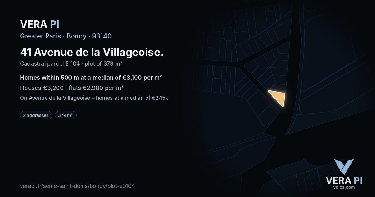 41 Avenue de la Villageoise, Bondy at night – the plot lit, the parcels around coloured by the prices near them