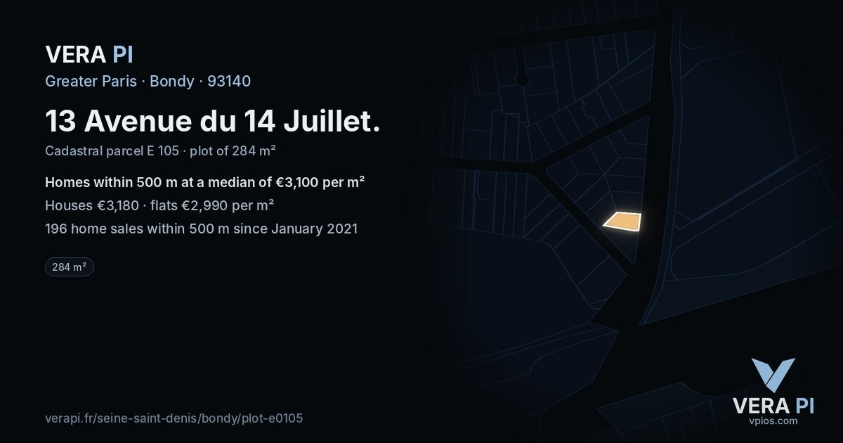 13 Avenue du 14 Juillet, Bondy at night – the plot lit, the parcels around coloured by the prices near them