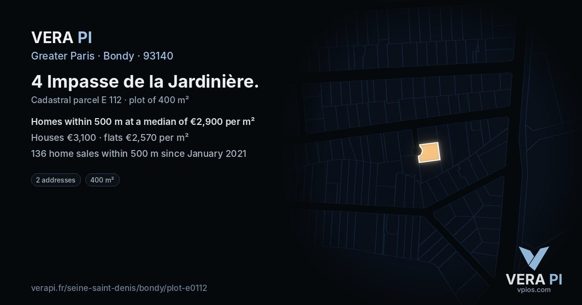 4 Impasse de la Jardinière, Bondy at night – the plot lit, the parcels around coloured by the prices near them