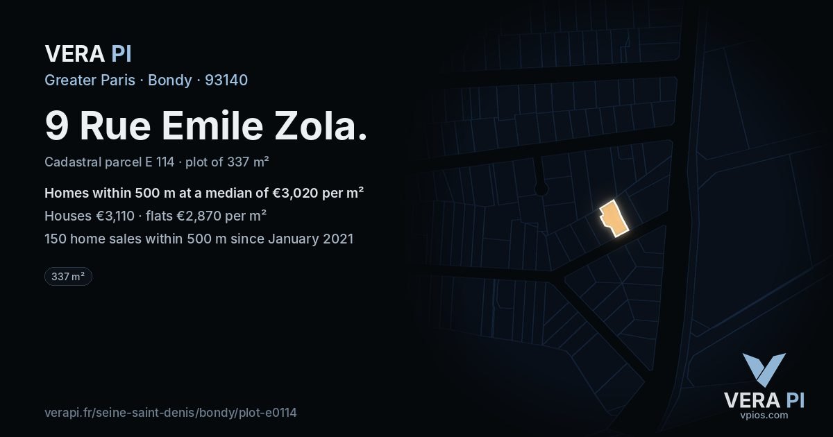 9 Rue Emile Zola, Bondy at night – the plot lit, the parcels around coloured by the prices near them