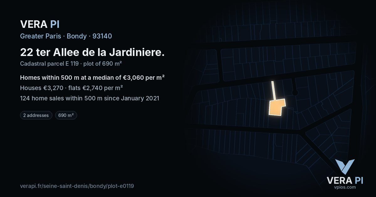 22 ter Allee de la Jardiniere, Bondy at night – the plot lit, the parcels around coloured by the prices near them