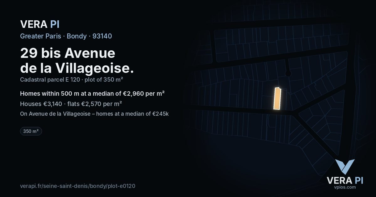 29 bis Avenue de la Villageoise, Bondy at night – the plot lit, the parcels around coloured by the prices near them