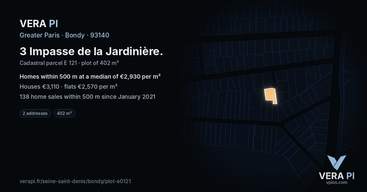 3 Impasse de la Jardinière, Bondy at night – the plot lit, the parcels around coloured by the prices near them