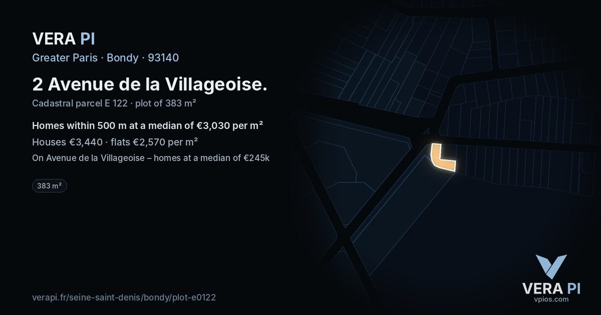 2 Avenue de la Villageoise, Bondy at night – the plot lit, the parcels around coloured by the prices near them