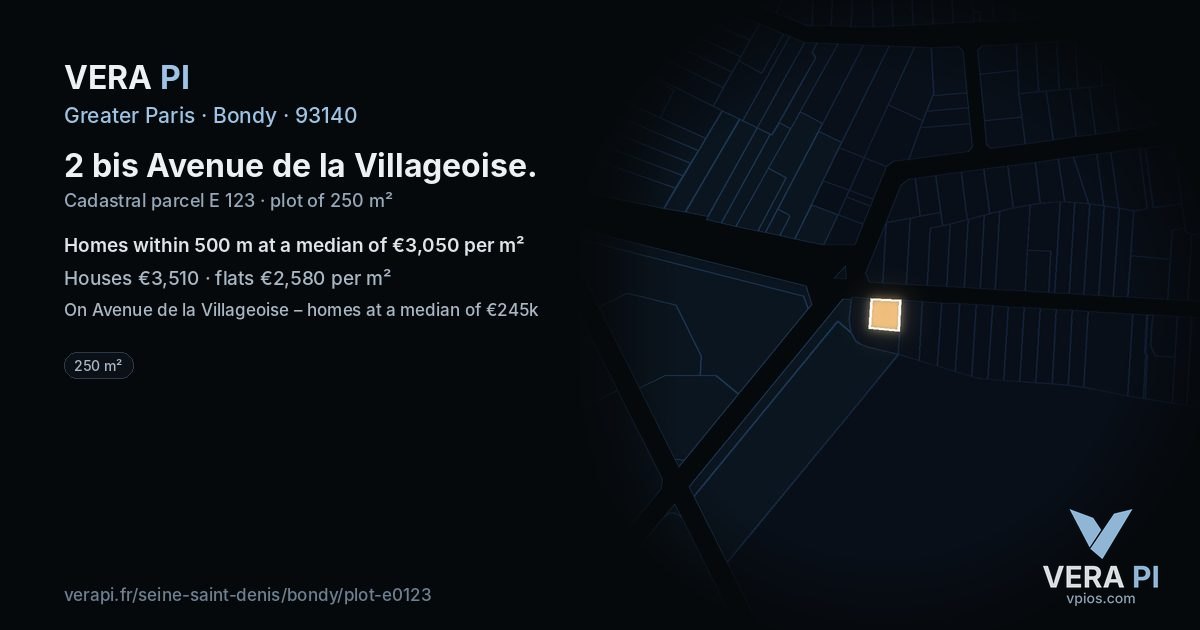 2 bis Avenue de la Villageoise, Bondy at night – the plot lit, the parcels around coloured by the prices near them
