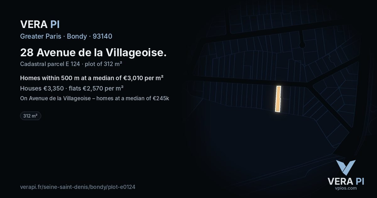 28 Avenue de la Villageoise, Bondy at night – the plot lit, the parcels around coloured by the prices near them