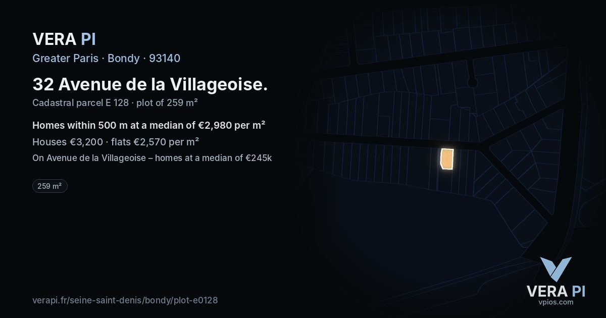 32 Avenue de la Villageoise, Bondy at night – the plot lit, the parcels around coloured by the prices near them