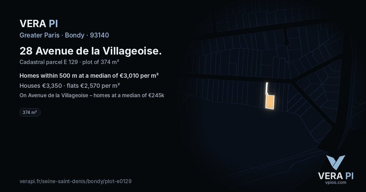 28 Avenue de la Villageoise, Bondy at night – the plot lit, the parcels around coloured by the prices near them