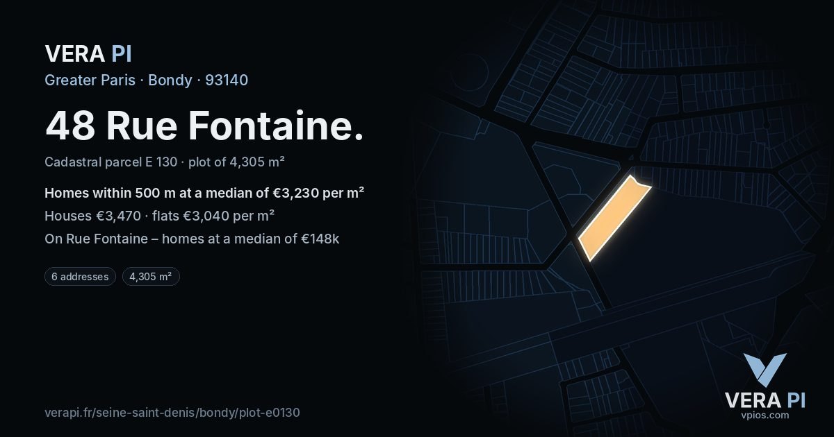 48 Rue Fontaine, Bondy at night – the plot lit, the parcels around coloured by the prices near them