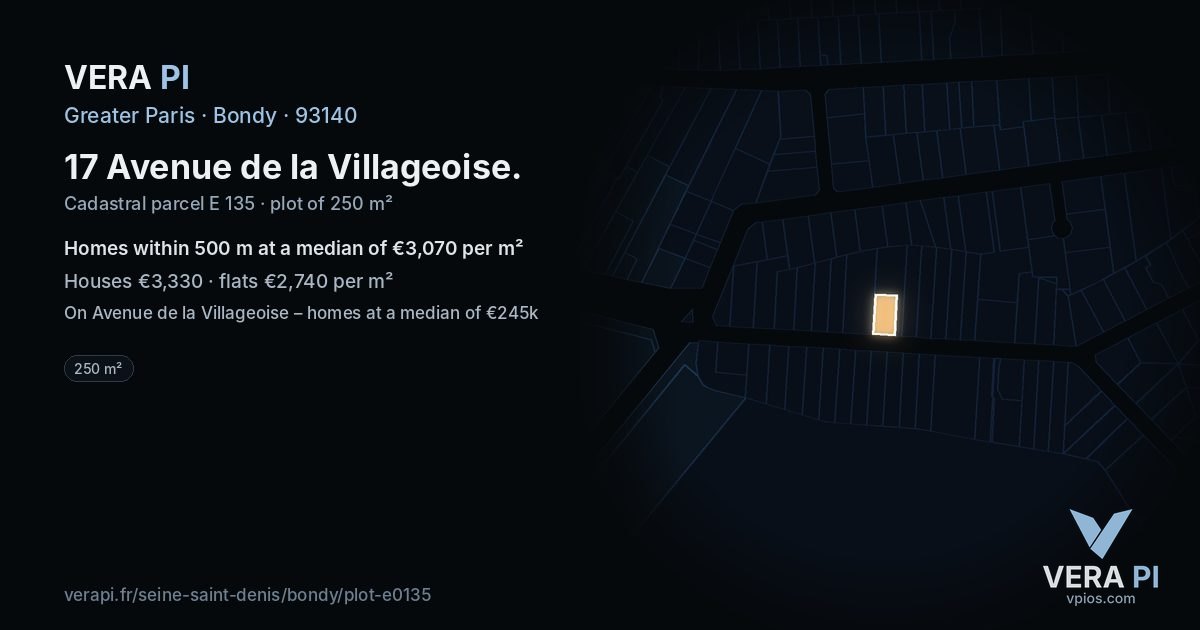 17 Avenue de la Villageoise, Bondy at night – the plot lit, the parcels around coloured by the prices near them