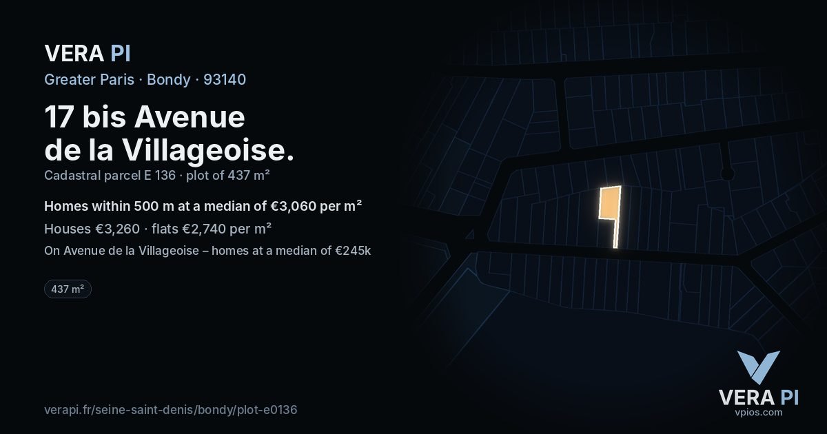17 bis Avenue de la Villageoise, Bondy at night – the plot lit, the parcels around coloured by the prices near them