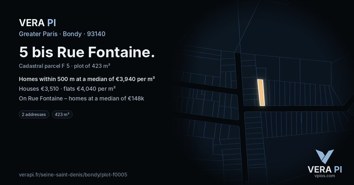 5 bis Rue Fontaine, Bondy at night – the plot lit, the parcels around coloured by the prices near them