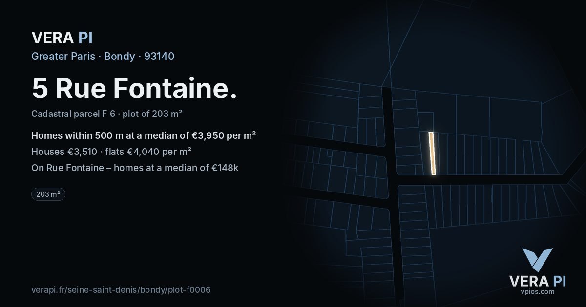 5 Rue Fontaine, Bondy at night – the plot lit, the parcels around coloured by the prices near them