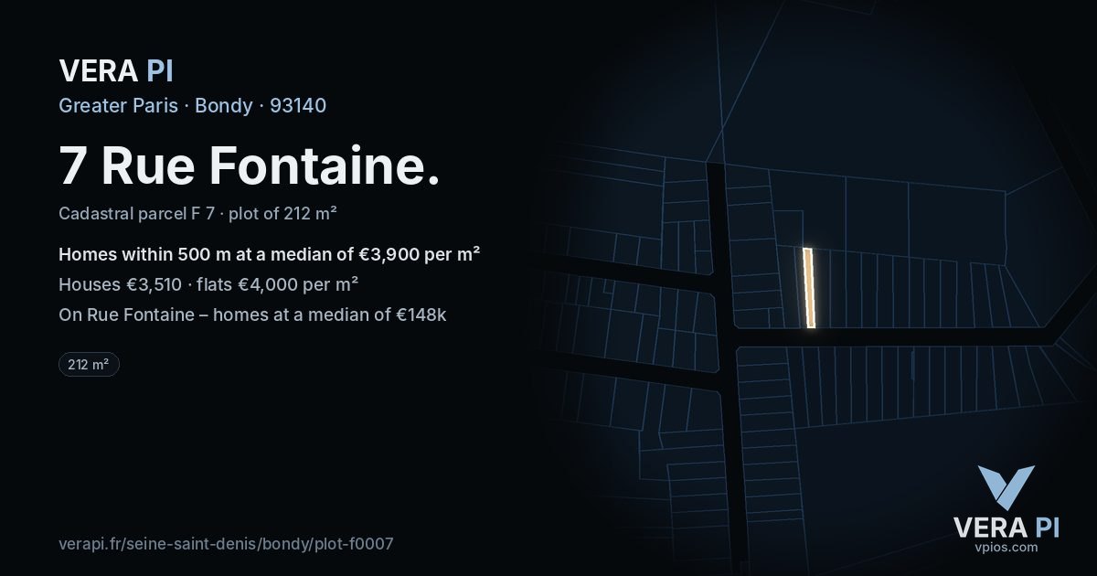 7 Rue Fontaine, Bondy at night – the plot lit, the parcels around coloured by the prices near them