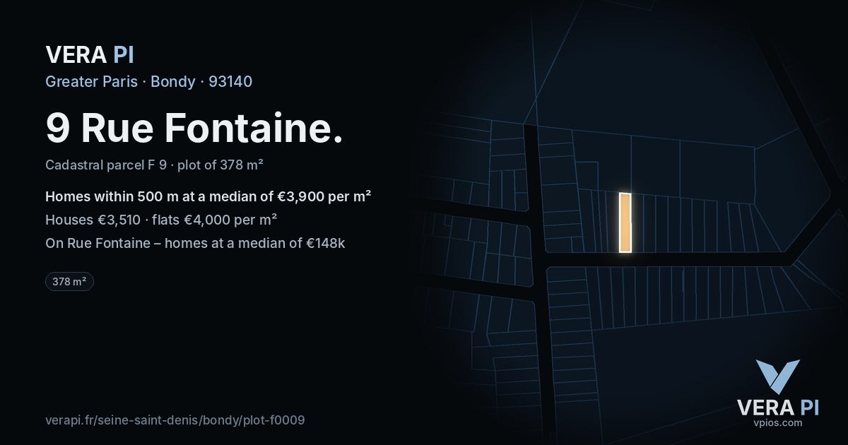 9 Rue Fontaine, Bondy at night – the plot lit, the parcels around coloured by the prices near them