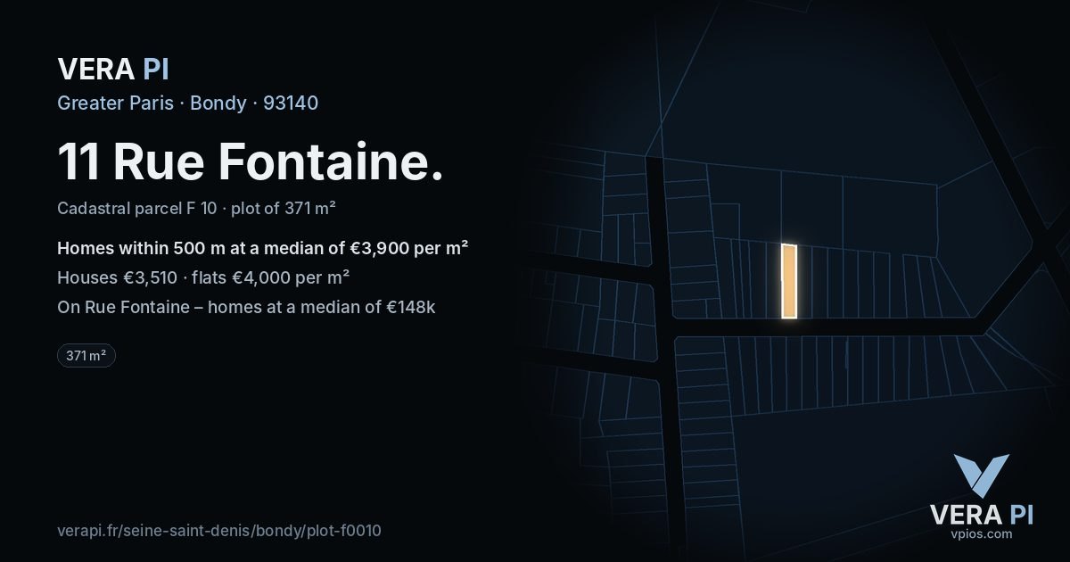 11 Rue Fontaine, Bondy at night – the plot lit, the parcels around coloured by the prices near them