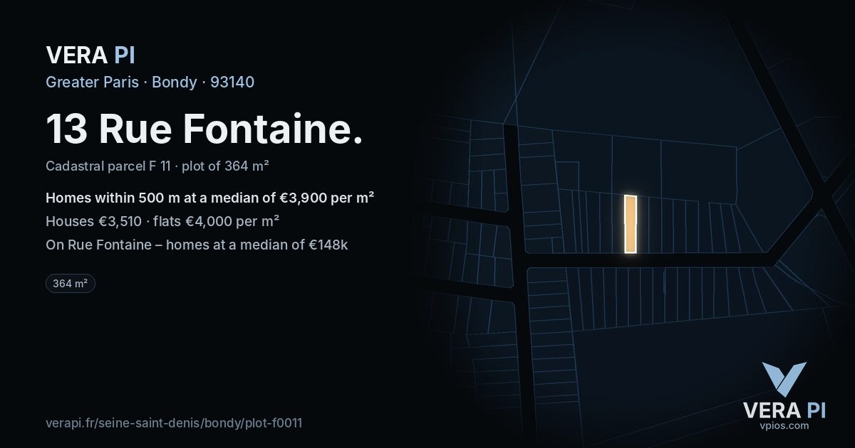 13 Rue Fontaine, Bondy at night – the plot lit, the parcels around coloured by the prices near them