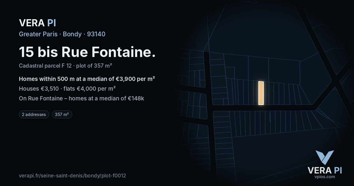 15 bis Rue Fontaine, Bondy at night – the plot lit, the parcels around coloured by the prices near them