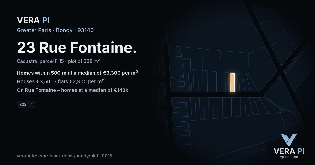 23 Rue Fontaine, Bondy at night – the plot lit, the parcels around coloured by the prices near them