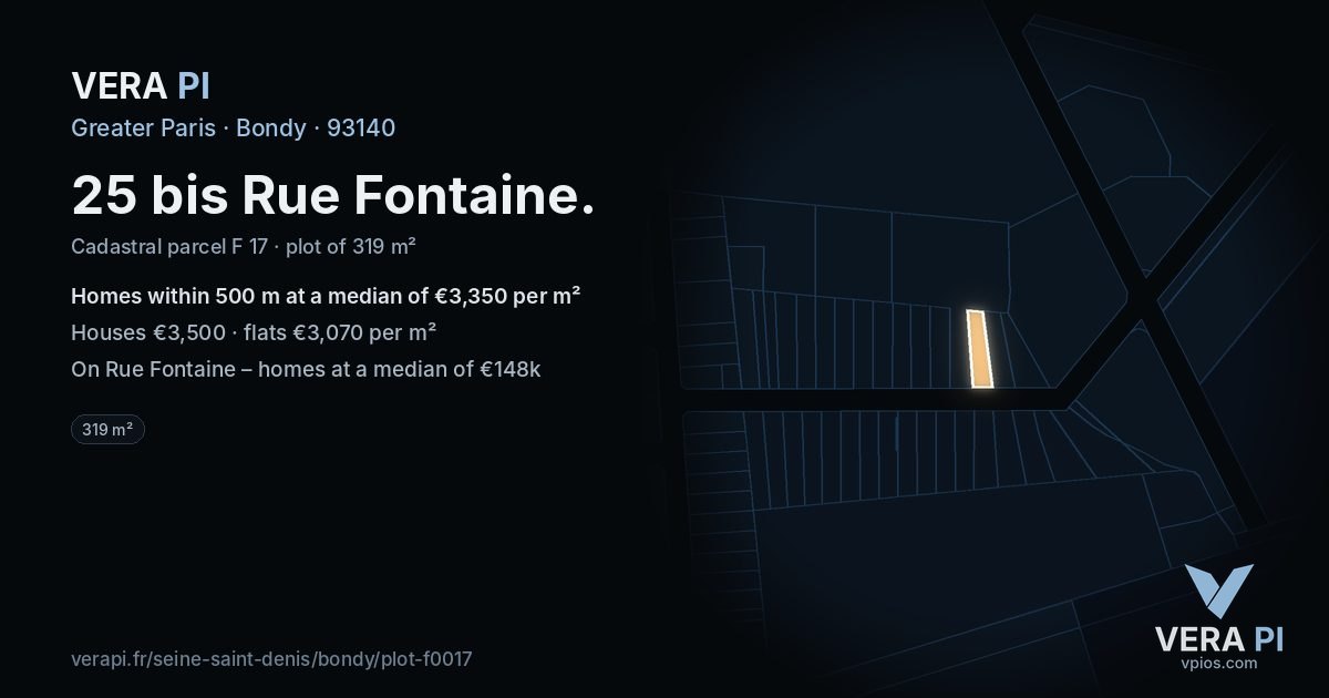 25 bis Rue Fontaine, Bondy at night – the plot lit, the parcels around coloured by the prices near them