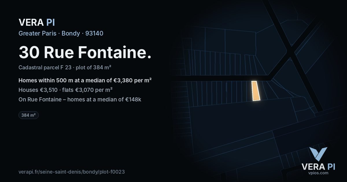 30 Rue Fontaine, Bondy at night – the plot lit, the parcels around coloured by the prices near them