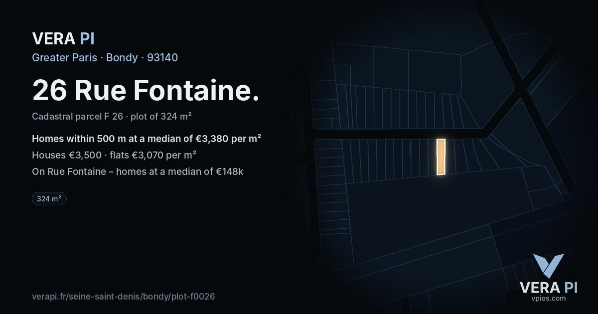 26 Rue Fontaine, Bondy at night – the plot lit, the parcels around coloured by the prices near them