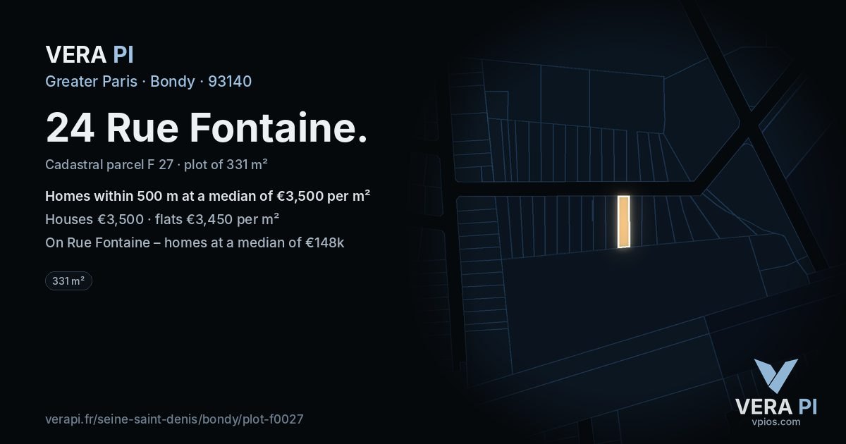 24 Rue Fontaine, Bondy at night – the plot lit, the parcels around coloured by the prices near them