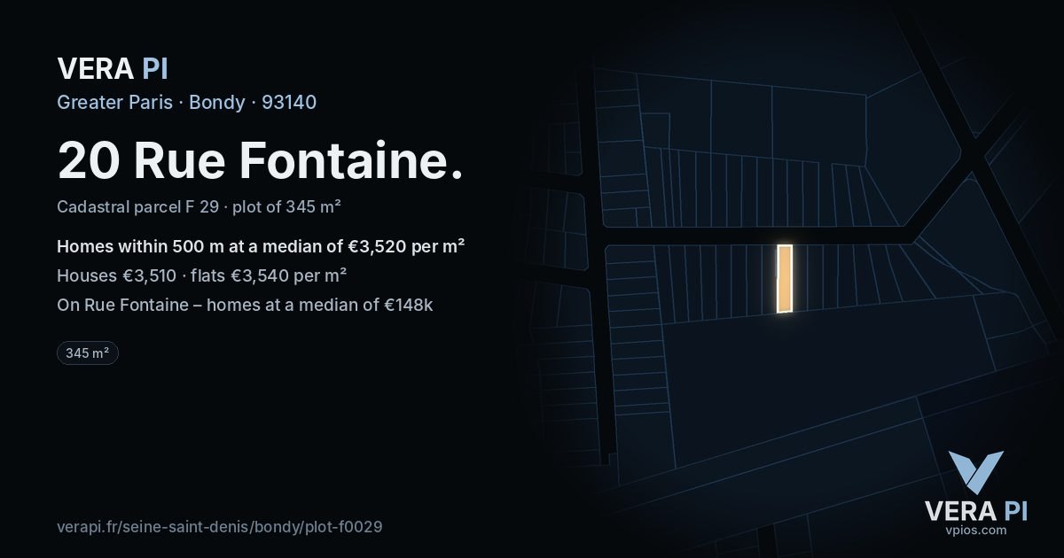 20 Rue Fontaine, Bondy at night – the plot lit, the parcels around coloured by the prices near them