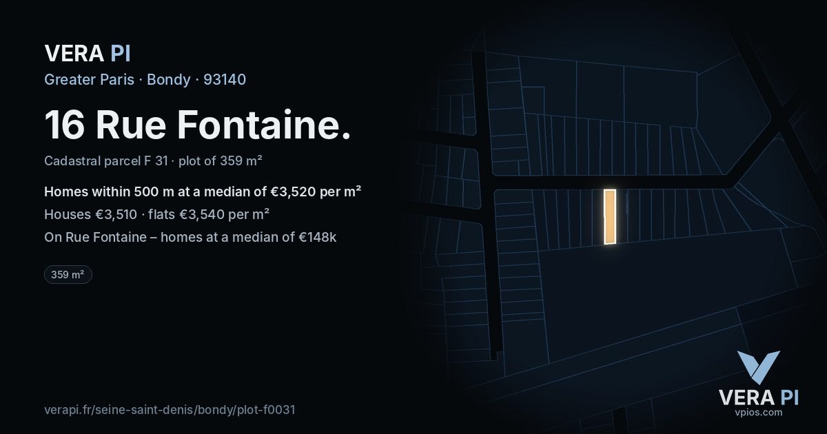 16 Rue Fontaine, Bondy at night – the plot lit, the parcels around coloured by the prices near them