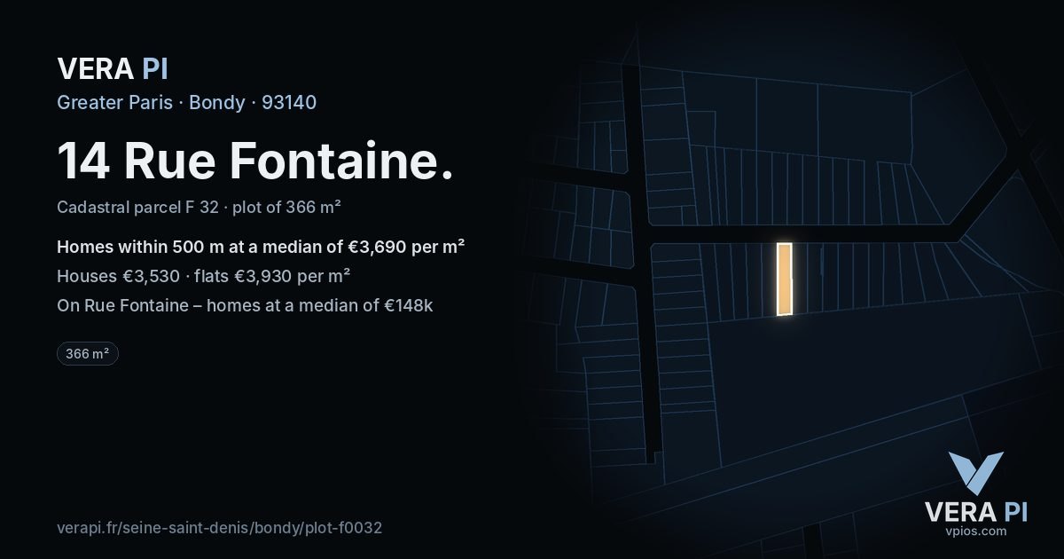 14 Rue Fontaine, Bondy at night – the plot lit, the parcels around coloured by the prices near them