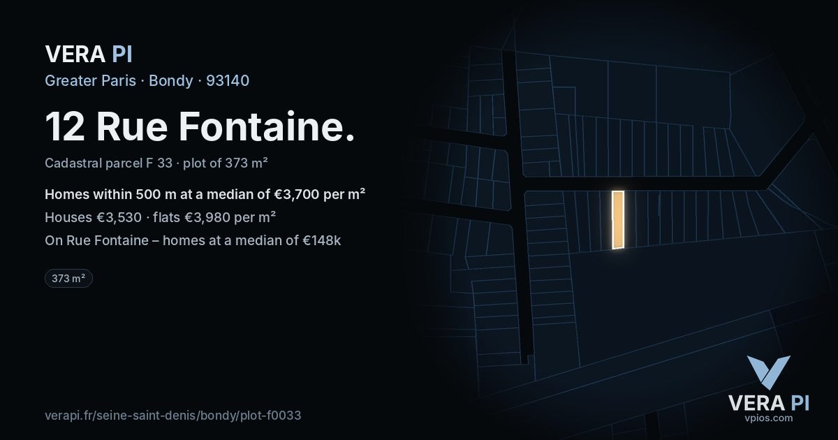 12 Rue Fontaine, Bondy at night – the plot lit, the parcels around coloured by the prices near them