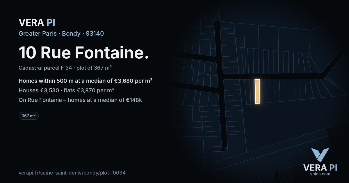10 Rue Fontaine, Bondy at night – the plot lit, the parcels around coloured by the prices near them