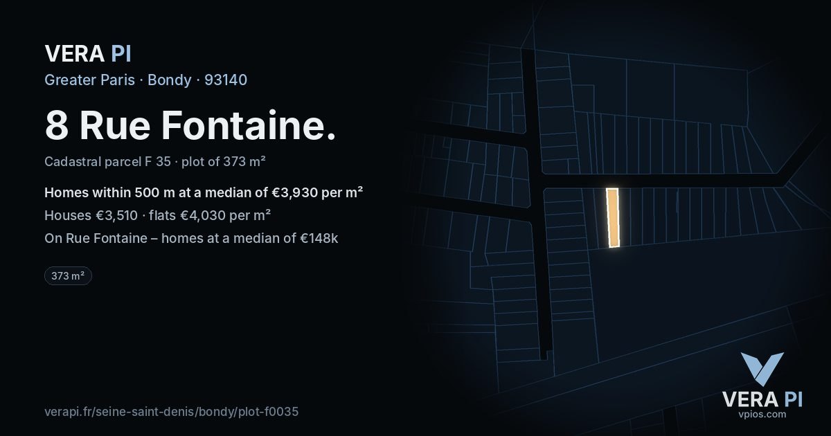 8 Rue Fontaine, Bondy at night – the plot lit, the parcels around coloured by the prices near them