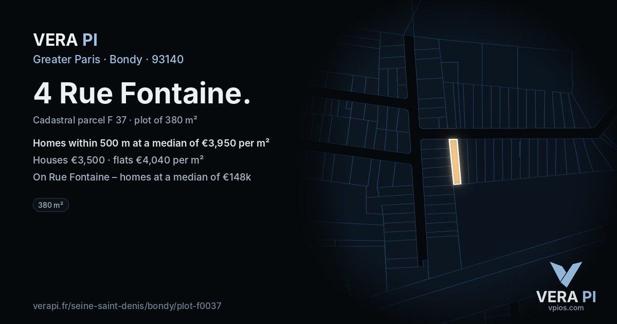 4 Rue Fontaine, Bondy at night – the plot lit, the parcels around coloured by the prices near them
