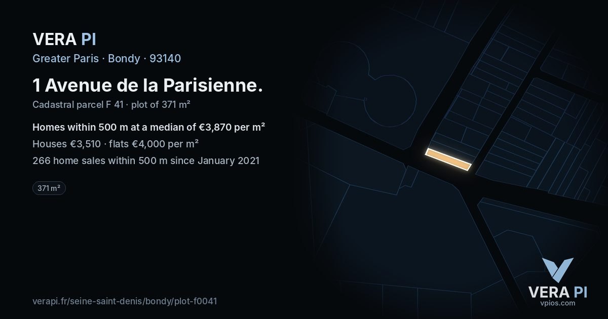 1 Avenue de la Parisienne, Bondy at night – the plot lit, the parcels around coloured by the prices near them