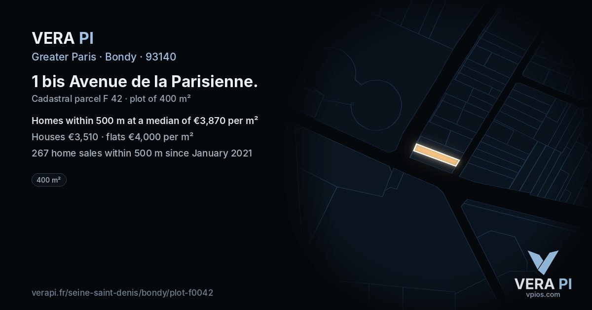 1 bis Avenue de la Parisienne, Bondy at night – the plot lit, the parcels around coloured by the prices near them
