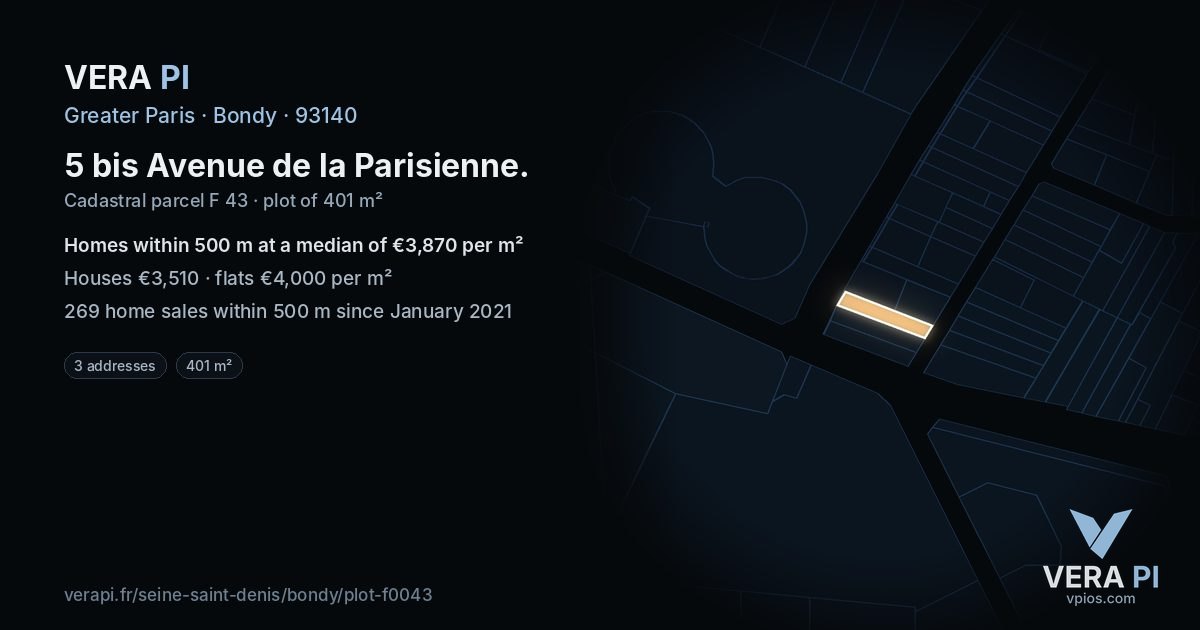 5 bis Avenue de la Parisienne, Bondy at night – the plot lit, the parcels around coloured by the prices near them