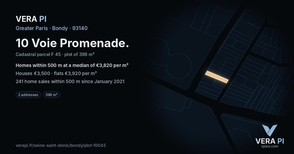 10 Voie Promenade, Bondy at night – the plot lit, the parcels around coloured by the prices near them