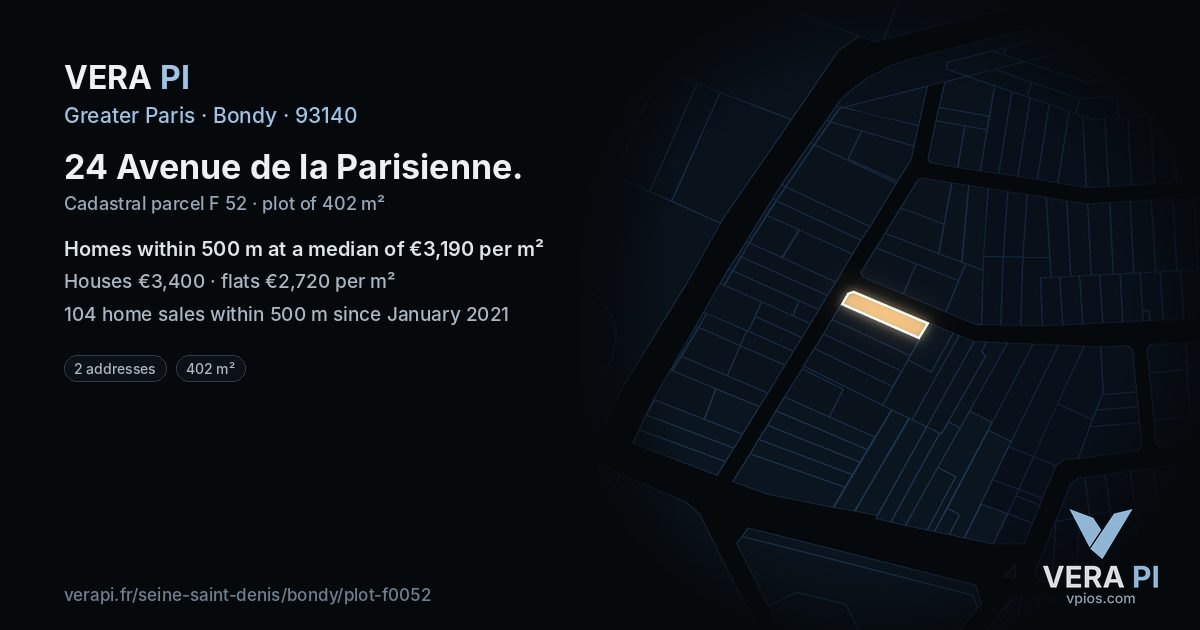 24 Avenue de la Parisienne, Bondy at night – the plot lit, the parcels around coloured by the prices near them