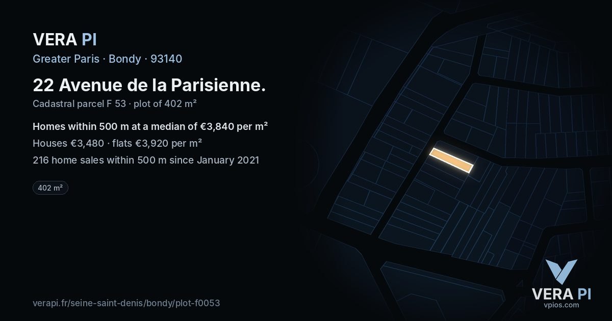 22 Avenue de la Parisienne, Bondy at night – the plot lit, the parcels around coloured by the prices near them
